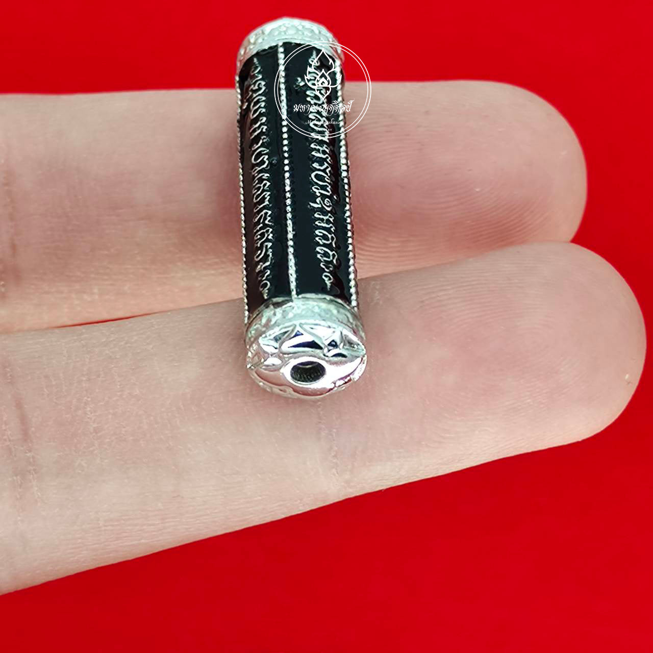 Thai Blessing Co takrut 5 lines amulet black engraved cylinder with silver caps held on finger