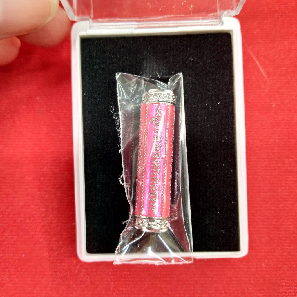 Thai Blessing Co takrut 5 lines amulet pink metal cylinder in plastic wrap presented in gift box