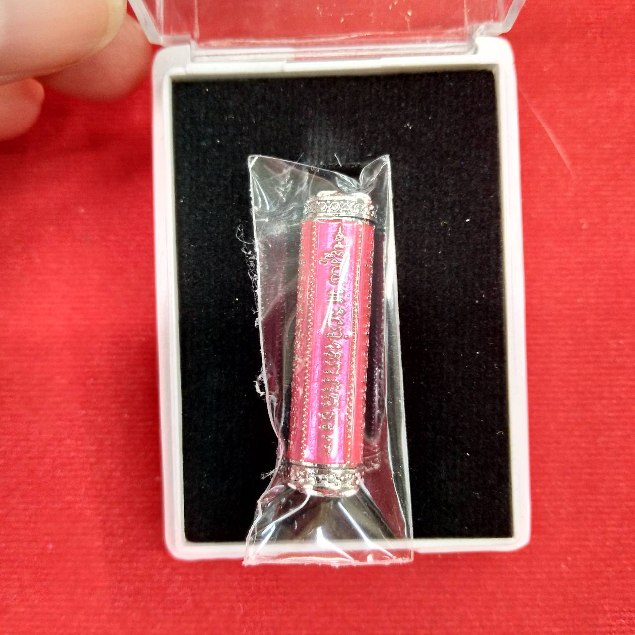 Thai Blessing Co takrut 5 lines amulet pink metal cylinder in plastic wrap presented in gift box