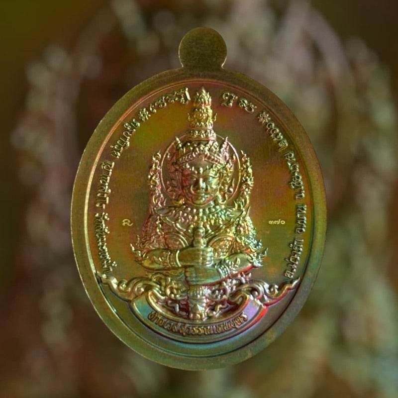 Thao Wessuwan medallion set gold tone protective amulet pendant featuring detailed Thai guardian deity