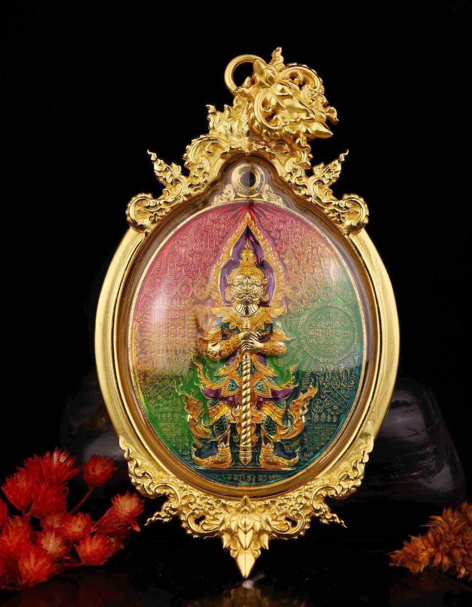 Thao Wessuwan wealth amulet Thai Blessing Co ornate gold oval pendant with multicolor enamel deity