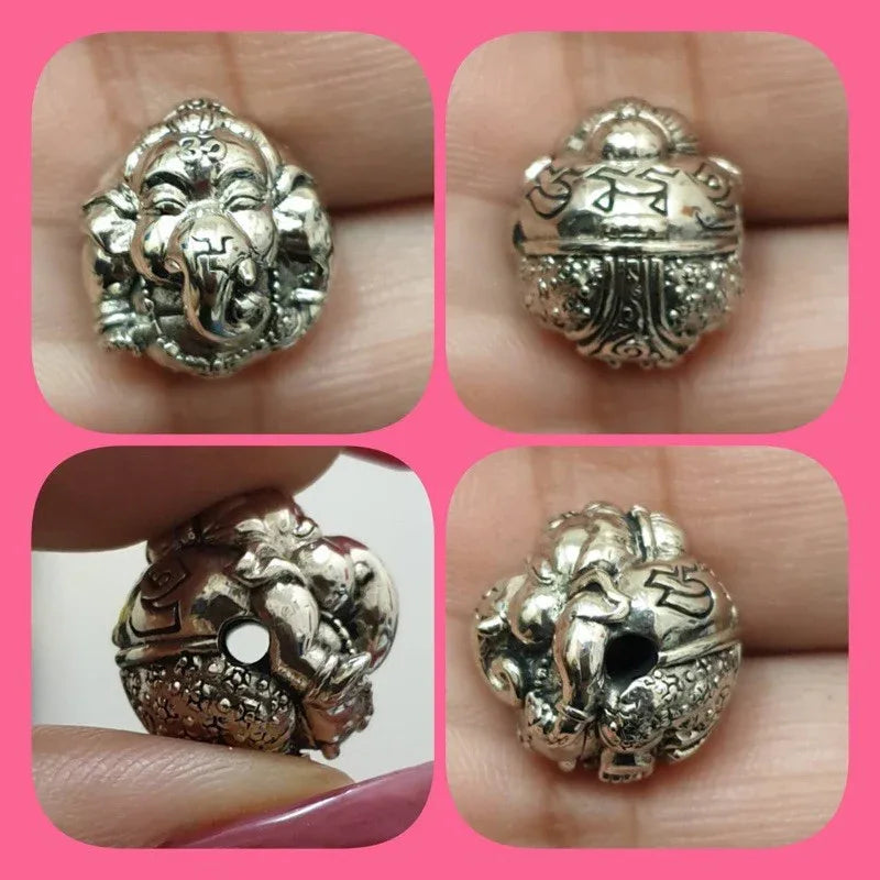 Thai Amulets for Success - Ganesha Blessing by Thai Blessing Co for Prosperity White gold polished with black enamel