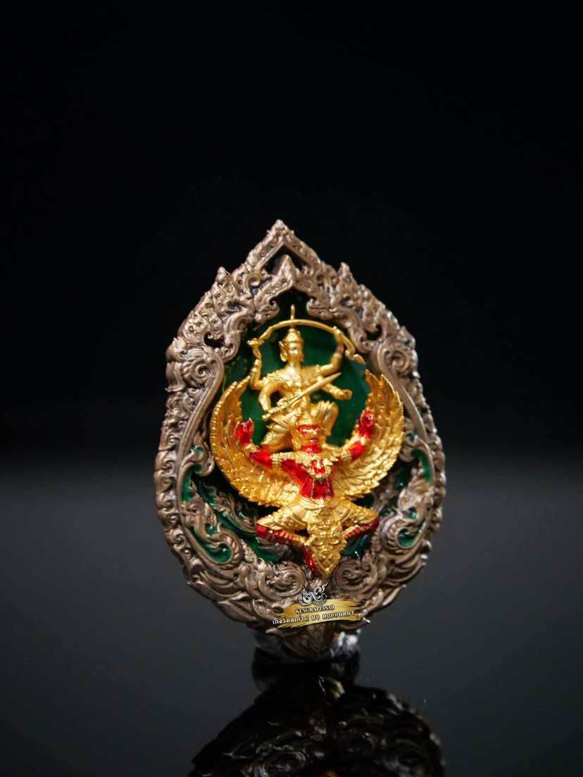 Narayana on Garuda Medallion Thai amulet with gold red and green enamel in ornate silver frame