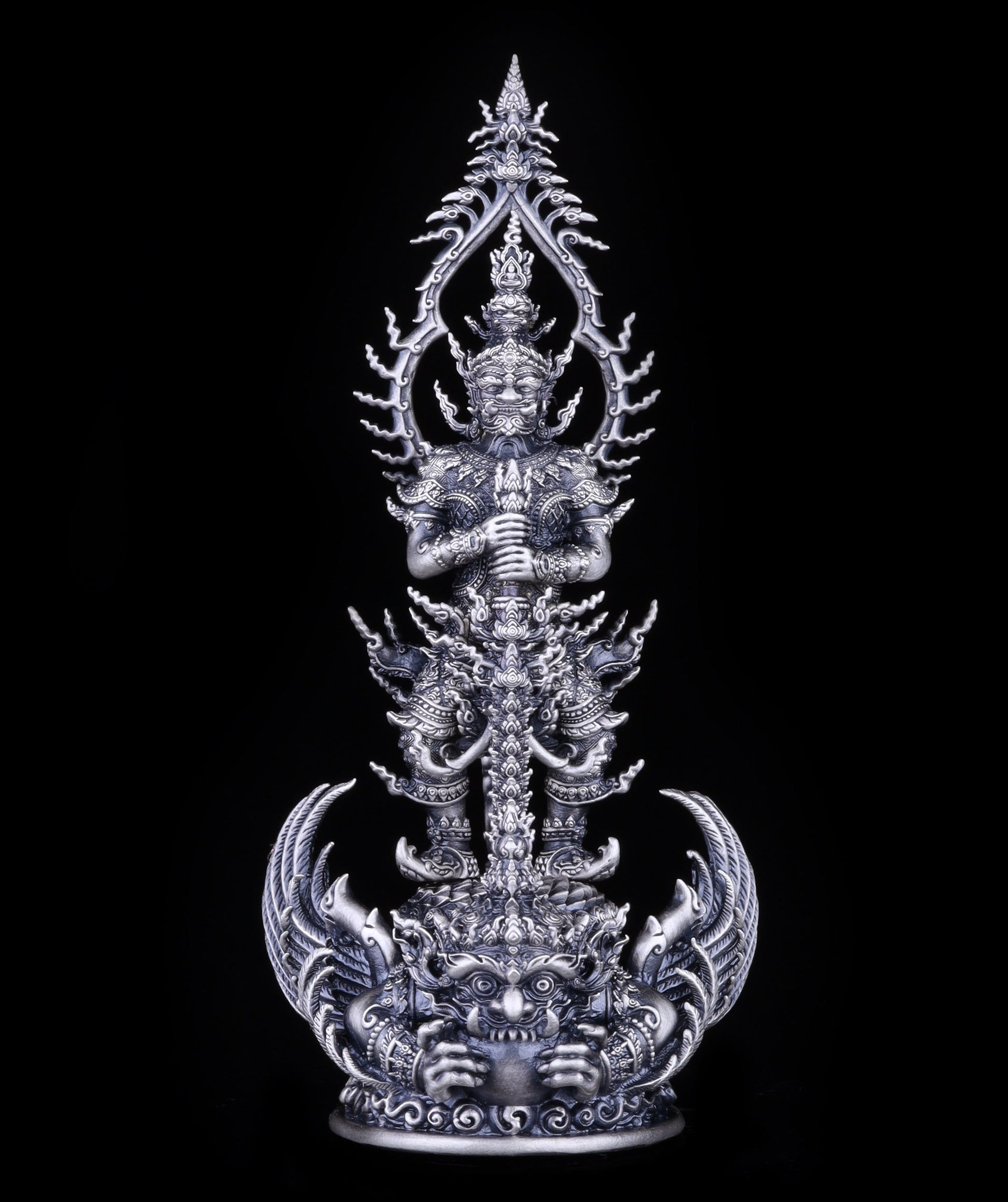 Thai Blessing Co Thao Wessuwan statue for wealth and protection. Detailed silver guardian deity figurine