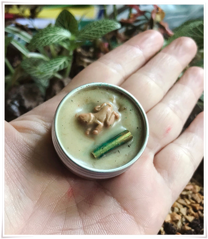 Thai attraction charm balm in a small metal tin held in a hand with herbs in the background