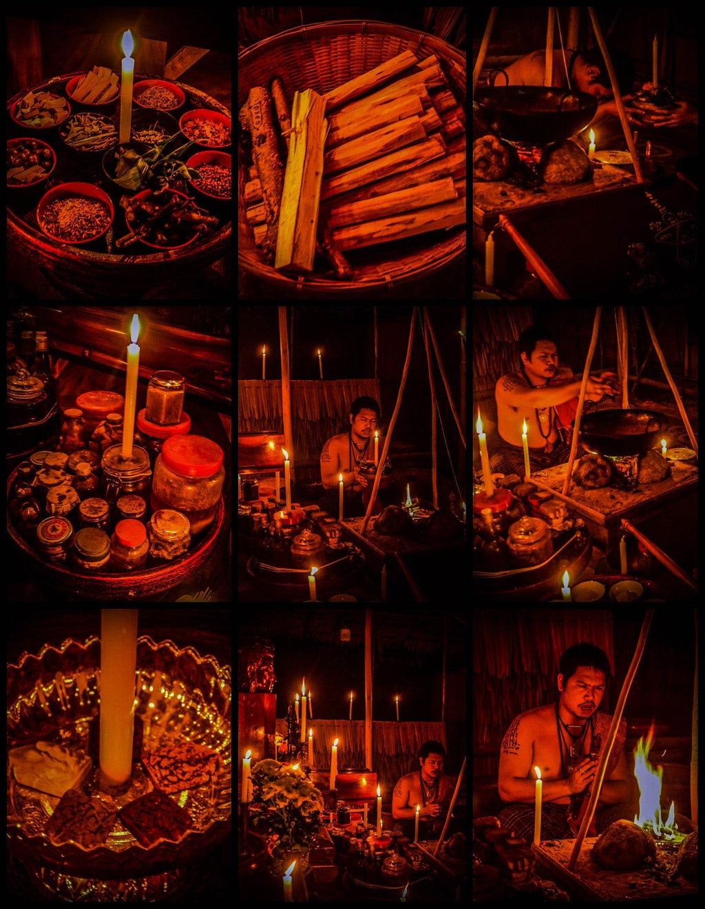 Thai attraction oil for charisma displayed with traditional herbs, candles, and ritual setup by Thai Blessing Co