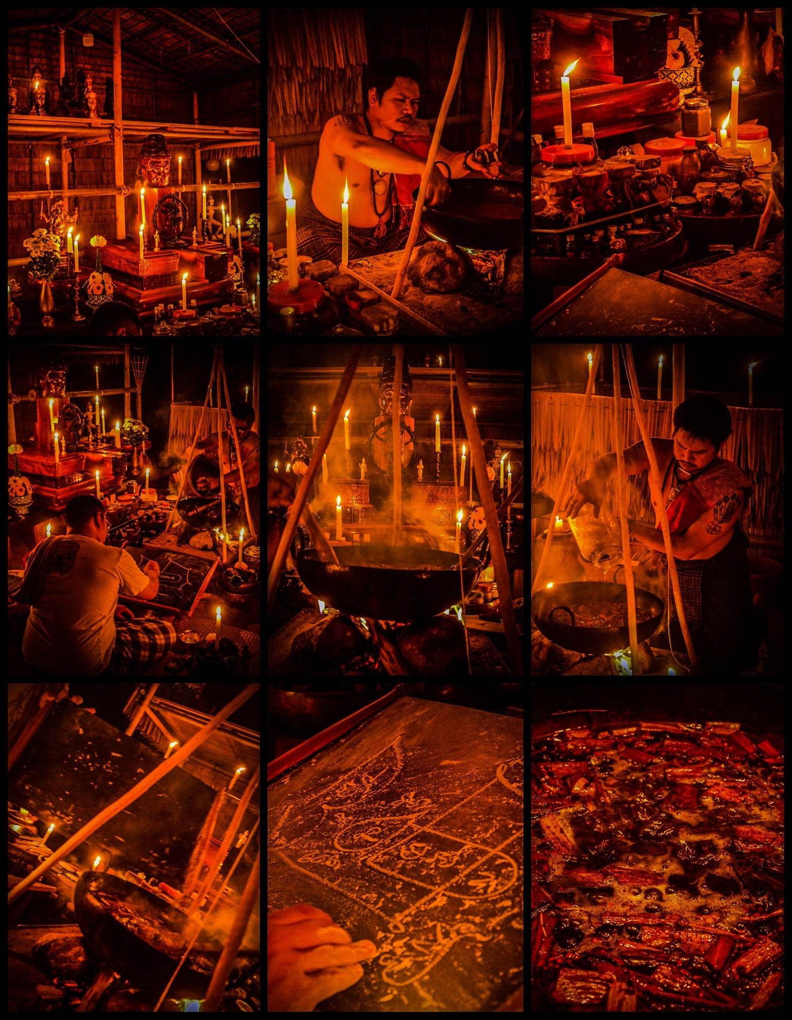 Thai Blessing Co ritual setup with candles and traditional items for Thai attraction oil for charisma