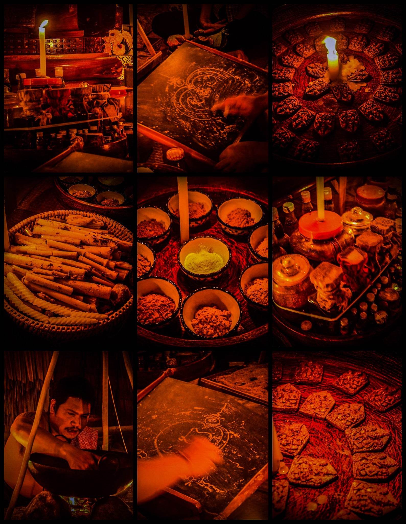 Thai blessing ritual with candles and traditional items highlighting Thai attraction oil for charisma