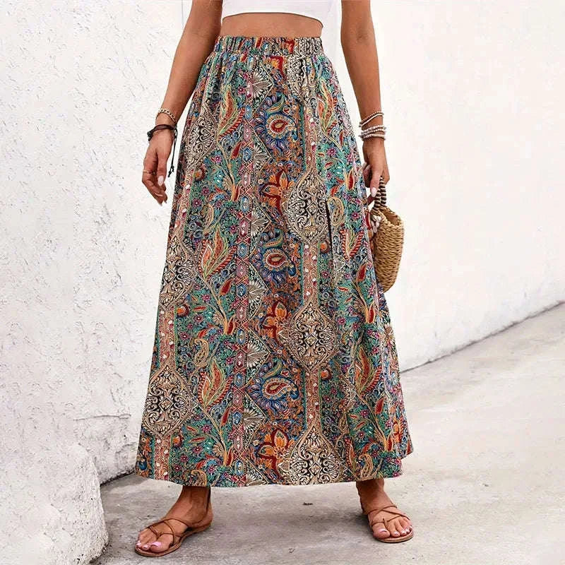 👗Bohemian Boho Retro Floral Print Skirts – Women’s Indie Folk Summer High Waist A-Line Pleated Long Skirts