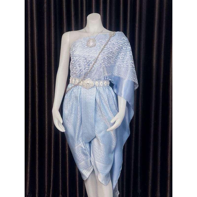 Thai Bridal Outfit Set - Elegant Light Blue 3m Sabai & Pleated Sarong | Custom Size Available for Women