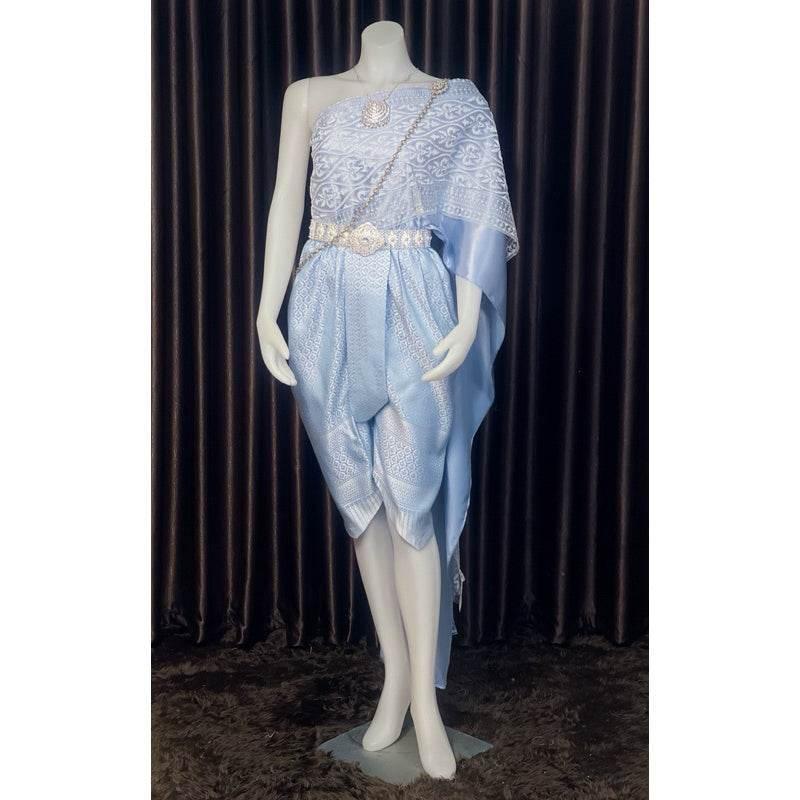 Thai Bridal Outfit Set - Elegant Light Blue 3m Sabai & Pleated Sarong | Custom Size Available for Women