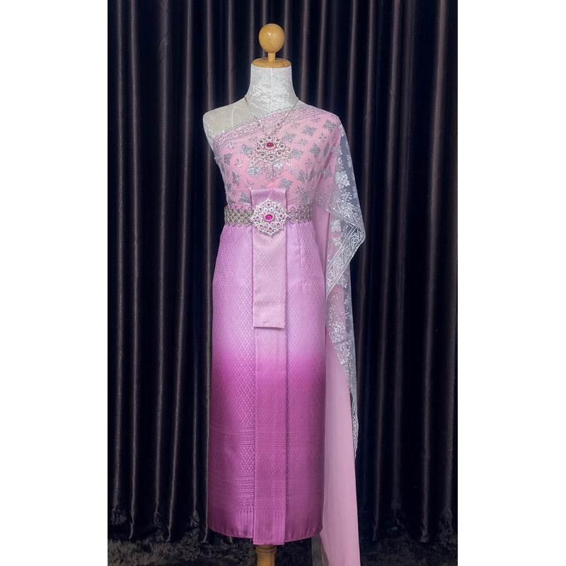 Thai Bridal Outfit Set - Soft Pastel Pink 3m Sabai & Front-Hook Han Nang Panel | Elegant Custom Size Thai Wedding Costume for Women