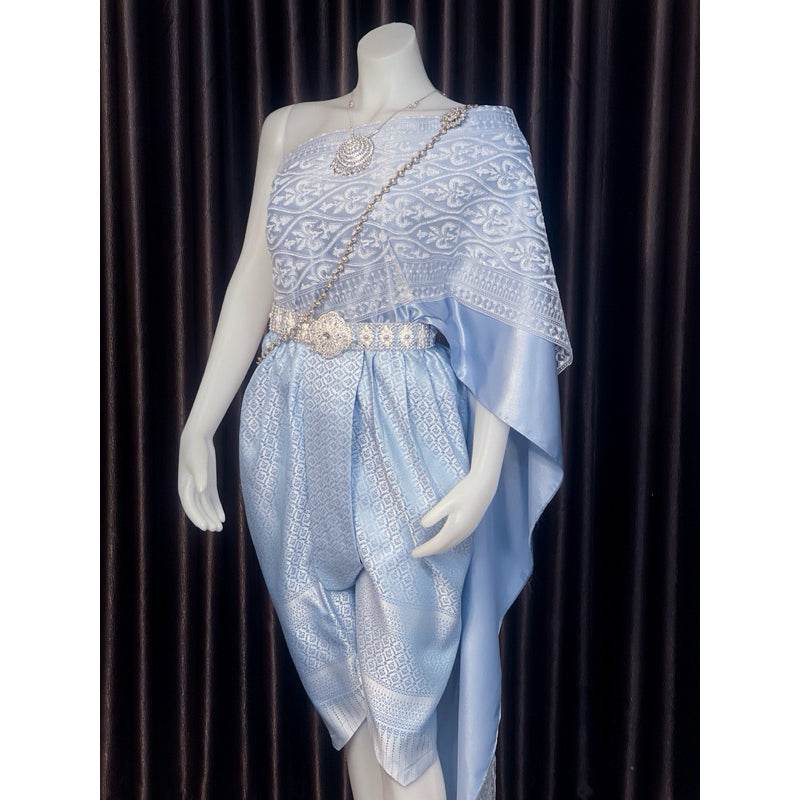Thai Bridal Outfit Set - Elegant Light Blue 3m Sabai & Pleated Sarong | Custom Size Available for Women One-Sake.com Sarong / Inform the seller of the size Decorations / Inform the seller of the size Only set / Inform the seller of the size Decorations / Inform the seller of the size-Only set / Inform the seller of the size-Sarong / Inform the seller of the size-