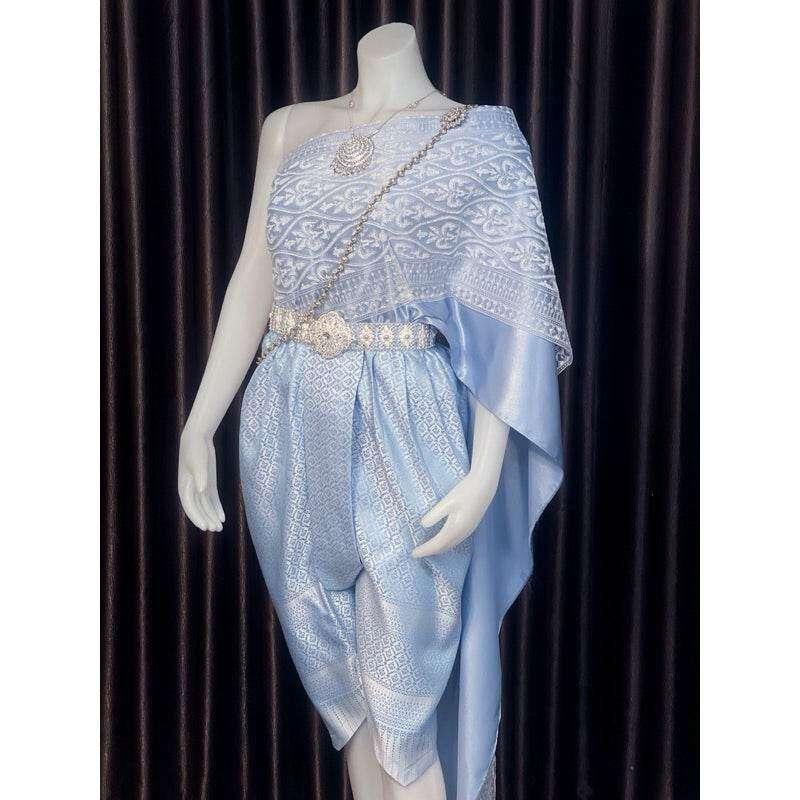Thai Bridal Outfit Set - Elegant Light Blue 3m Sabai & Pleated Sarong | Custom Size Available for Women