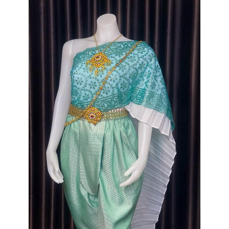 Thai Jade Green Bridal Outfit Set - Elegant Custom Size Thai Wedding Costume