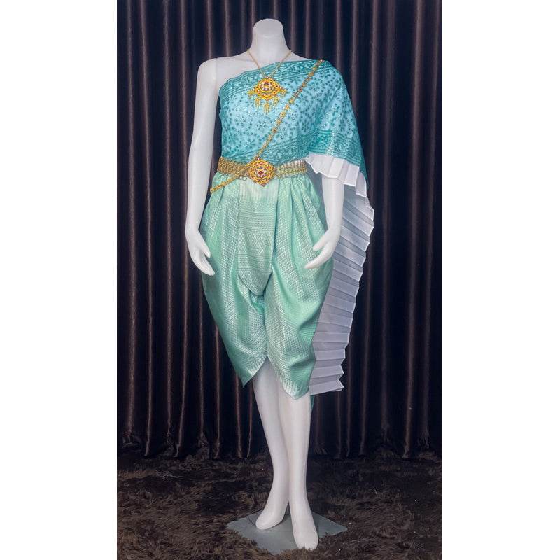 Thai Jade Green Bridal Outfit Set - Elegant Thai Wedding Costume with Custom Size Available One-Sake.com Jong Kraben / Inform the seller's size Accessories / Inform the seller's size Only set / Inform the seller's size Accessories / Inform the seller's size-Only set / Inform the seller's size-Jong Kraben / Inform the seller's size-