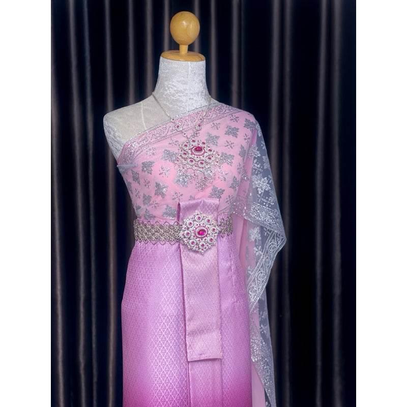 Thai Bridal Outfit Set - Soft Pastel Pink 3m Sabai & Front-Hook Han Nang Panel | Elegant Custom Size Thai Wedding Costume for Women