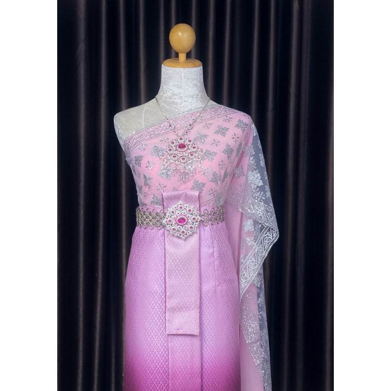 Thai Bridal Outfit Set - Soft Pastel Pink 3m Sabai & Front-Hook Han Nang Panel | Elegant Custom Size Thai Wedding Costume for Women One-Sake.com Set (2 sashes + 1 sarong) Accessories Set (2 sashes + 1 sarong)-Accessories-