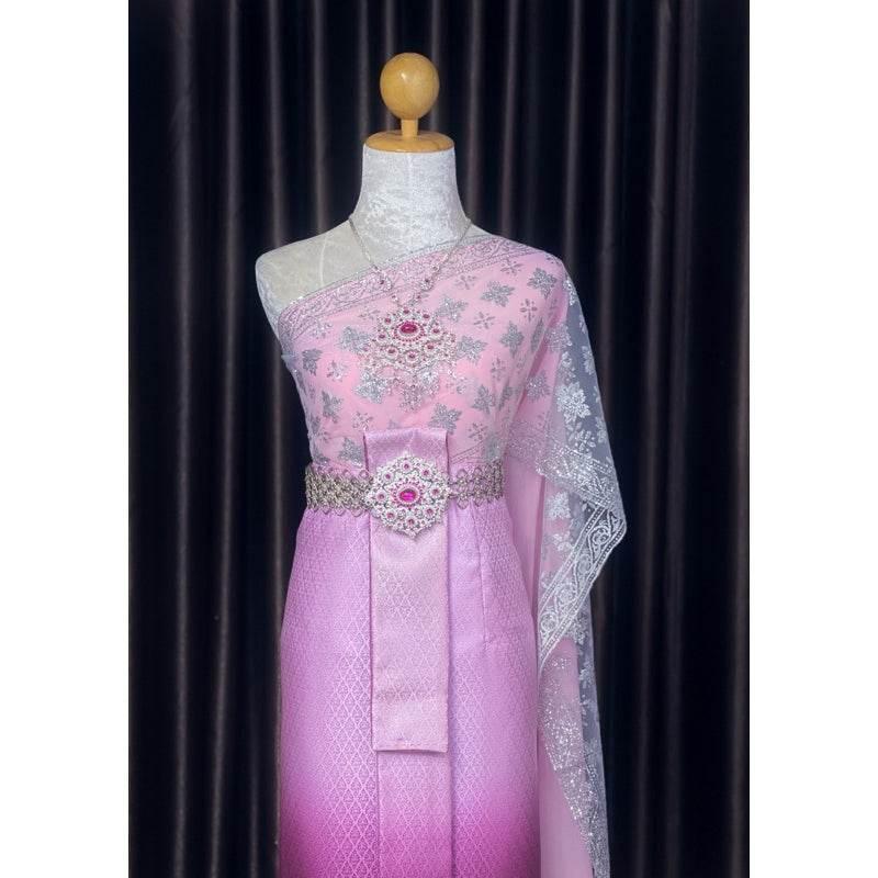 Thai Bridal Outfit Set - Soft Pastel Pink 3m Sabai & Front-Hook Han Nang Panel | Elegant Custom Size Thai Wedding Costume for Women