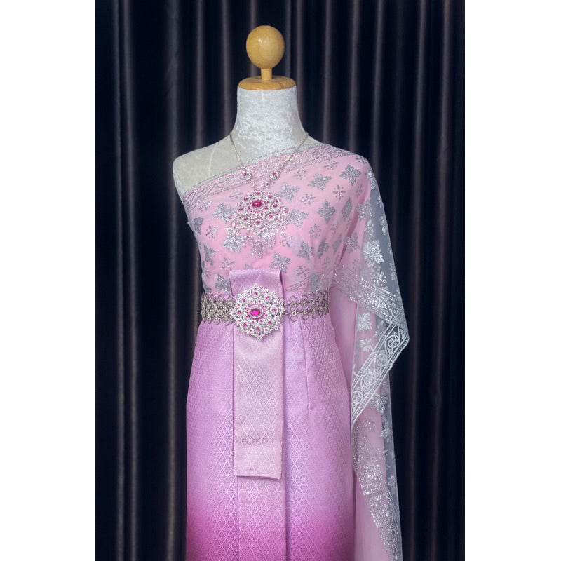 Thai Bridal Outfit Set - Soft Pastel Pink 3m Sabai & Front-Hook Han Nang Panel | Elegant Custom Size Thai Wedding Costume for Women One-Sake.com Set (2 sashes + 1 sarong) Accessories Set (2 sashes + 1 sarong)-Accessories-