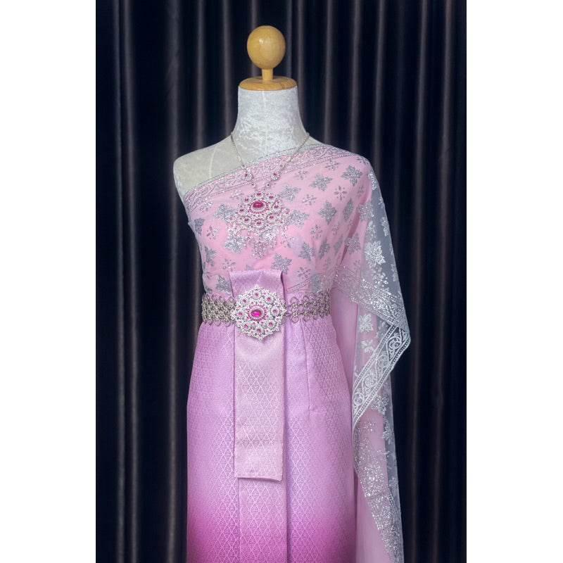 Thai Bridal Outfit Set - Soft Pastel Pink 3m Sabai & Front-Hook Han Nang Panel | Elegant Custom Size Thai Wedding Costume for Women
