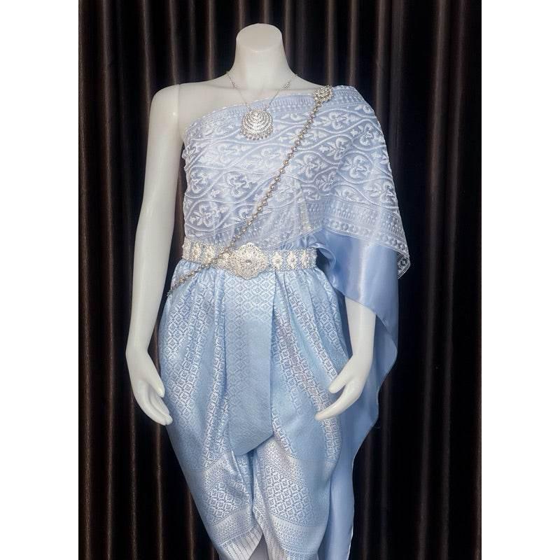 Thai Bridal Outfit Set - Elegant Light Blue 3m Sabai & Pleated Sarong | Custom Size Available for Women