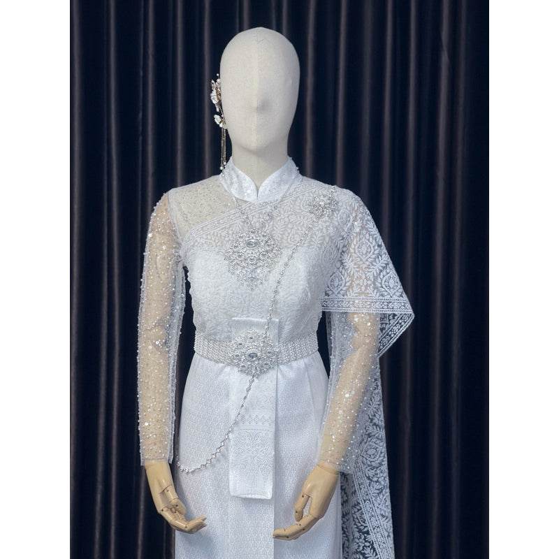 Thai Bridal Outfit Set - Embroidered Top, 3m Sabai & Front-Hook Han Nang Panel for Elegant Thai Weddings One-Sake.com Large size set / Inform seller size Only set / Inform seller size Only accessories / Inform seller size Only set / Inform seller size-Only accessories / Inform seller size-Large size set / Inform seller size-Only shirt / Inform seller size-