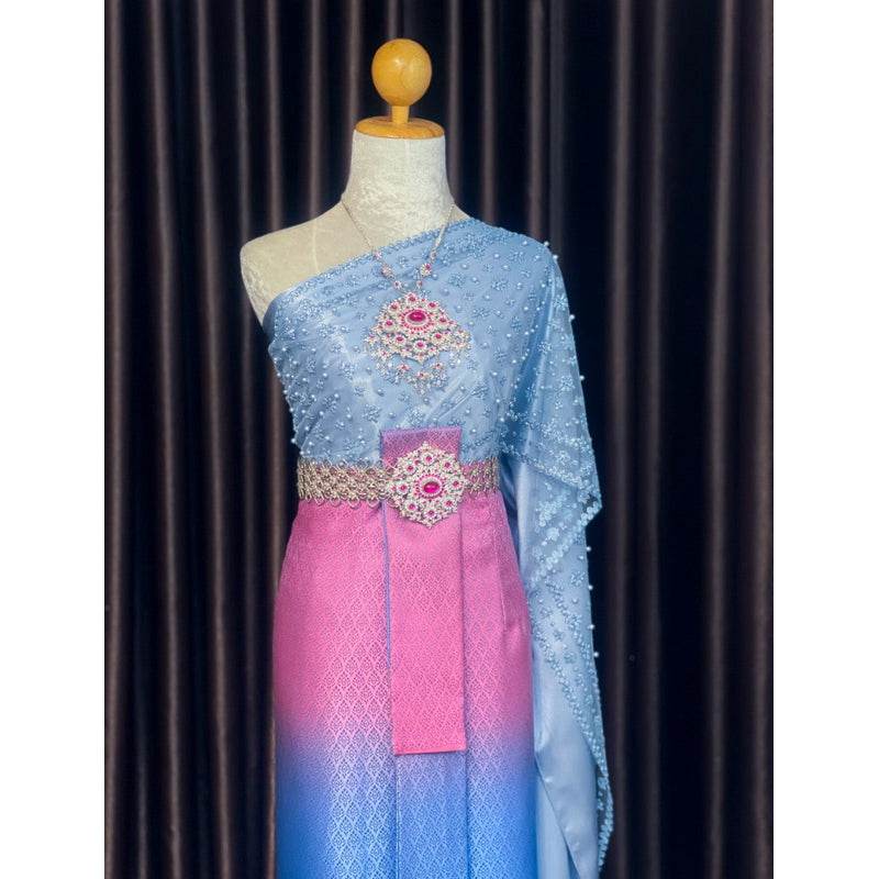 Thai Bridal Sabai Outfit Set – 3-Meter Sabai Dress with Front-Hook Panel | Elegant Thai Wedding Costume for Women One-Sake.com Naga color accessories Set (2 sashes+1 sarong) Silver accessories Set (2 sashes+1 sarong)-Silver accessories-Naga color accessories-