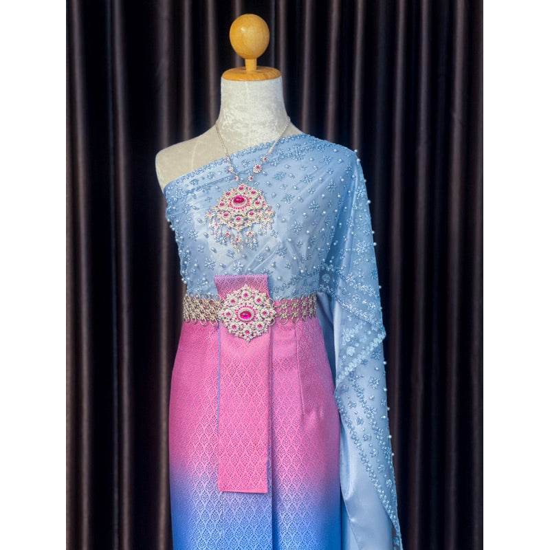 Thai Bridal Sabai Outfit Set – 3-Meter Sabai Dress with Front-Hook Panel | Elegant Thai Wedding Costume for Women One-Sake.com Naga color accessories Set (2 sashes+1 sarong) Silver accessories Set (2 sashes+1 sarong)-Silver accessories-Naga color accessories-