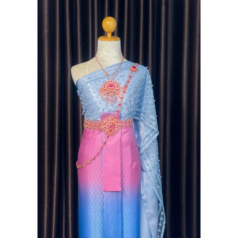 Thai Bridal Sabai Outfit Set – 3-Meter Sabai Dress with Front-Hook Panel | Elegant Thai Wedding Costume for Women One-Sake.com Naga color accessories Set (2 sashes+1 sarong) Silver accessories Set (2 sashes+1 sarong)-Silver accessories-Naga color accessories-