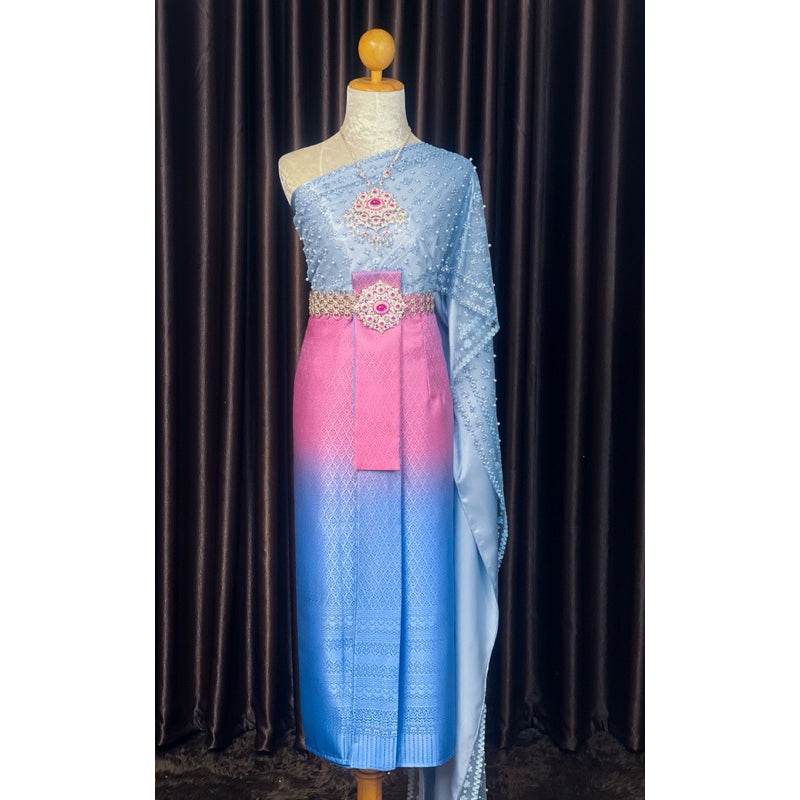 Thai Bridal Sabai Outfit Set – 3-Meter Sabai Dress with Front-Hook Panel | Elegant Thai Wedding Costume for Women One-Sake.com Naga color accessories Set (2 sashes+1 sarong) Silver accessories Set (2 sashes+1 sarong)-Silver accessories-Naga color accessories-