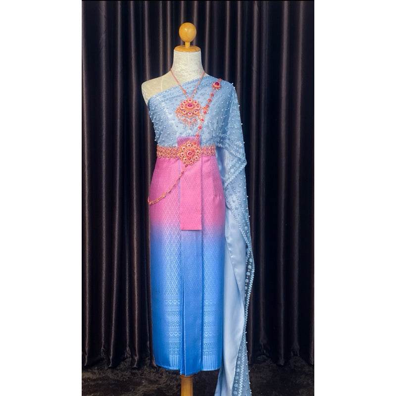 Thai Bridal Sabai Outfit Set – 3-Meter Sabai Dress with Front-Hook Panel | Elegant Thai Wedding Costume for Women One-Sake.com Naga color accessories Set (2 sashes+1 sarong) Silver accessories Set (2 sashes+1 sarong)-Silver accessories-Naga color accessories-
