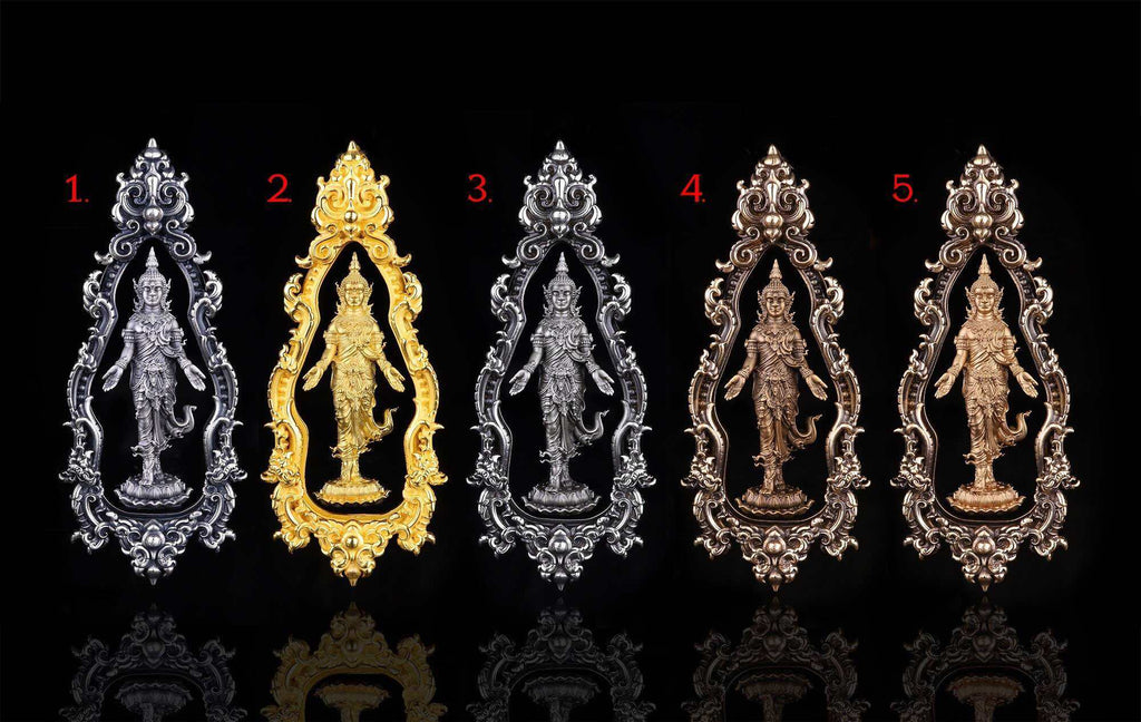 Collection of Thai Buddhist lucky charms in various finishes and designs showcasing intricate details and craftsmanship