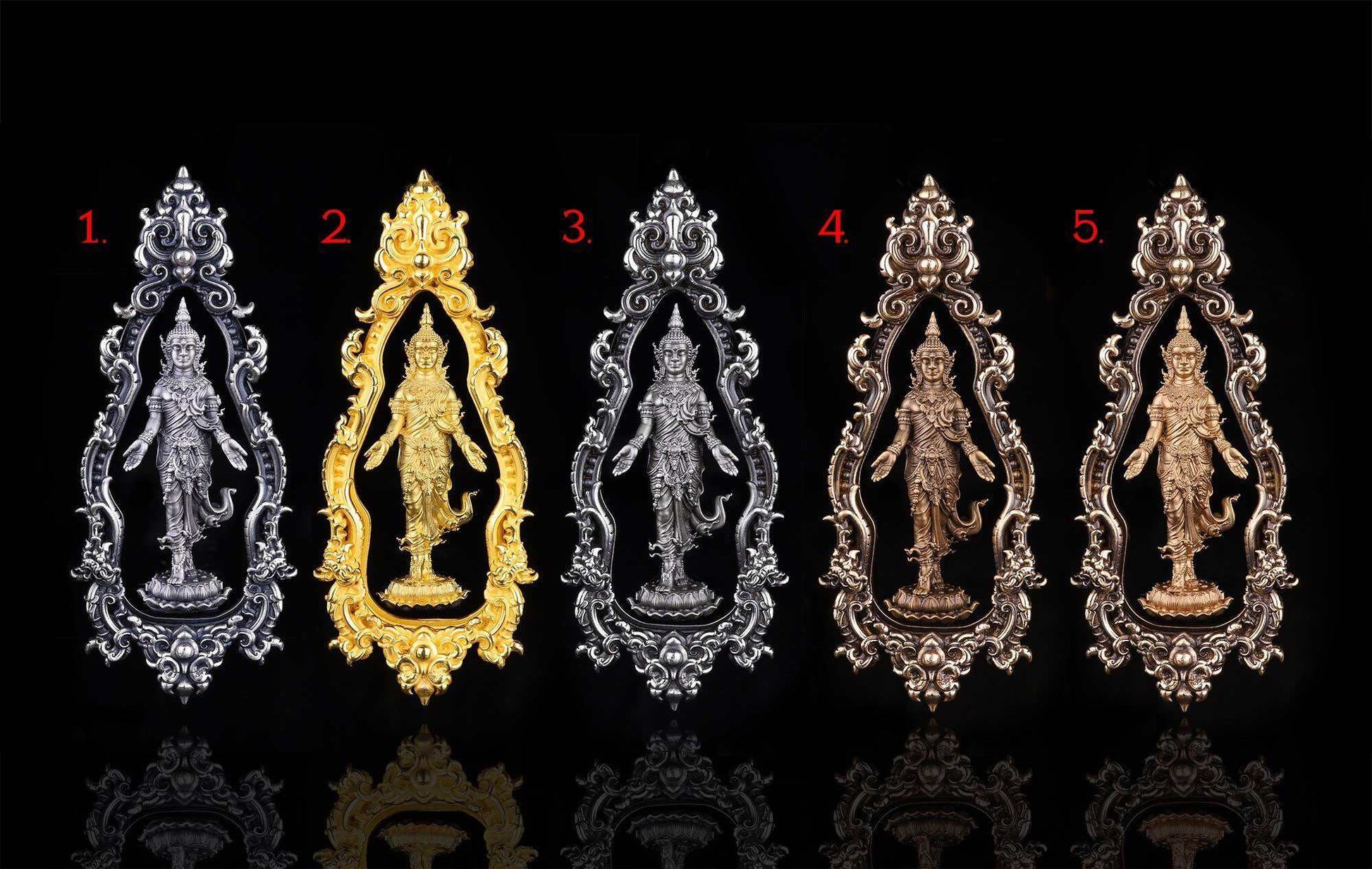 Collection of Thai Buddhist lucky charms in various finishes and designs showcasing intricate details and craftsmanship