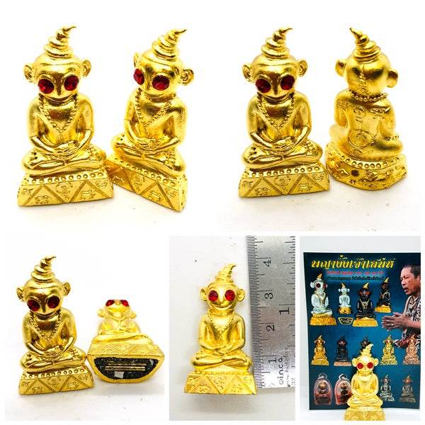 Thai charm amulet for luck displayed in various poses with intricate golden detailing