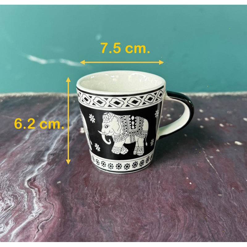 Thai elephant ceramic shot glass in black and white with elephant design and decorative patterns