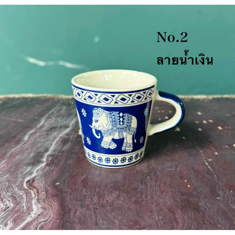 Thai elephant ceramic shot glass with blue and white intricate elephant design from One-Sake.com