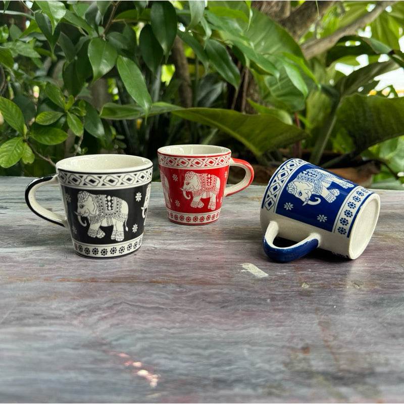 Set of black red and blue Thai elephant ceramic shot glass with traditional elephant designs