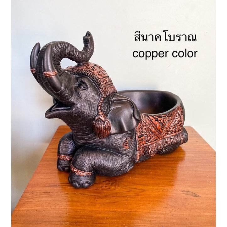 Copper color Thai elephant resin tray with detailed carvings from One-Sake.com