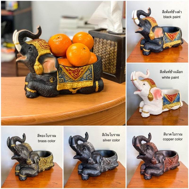 Thai elephant resin tray in black, white, brass, silver, and copper colors for home and table use