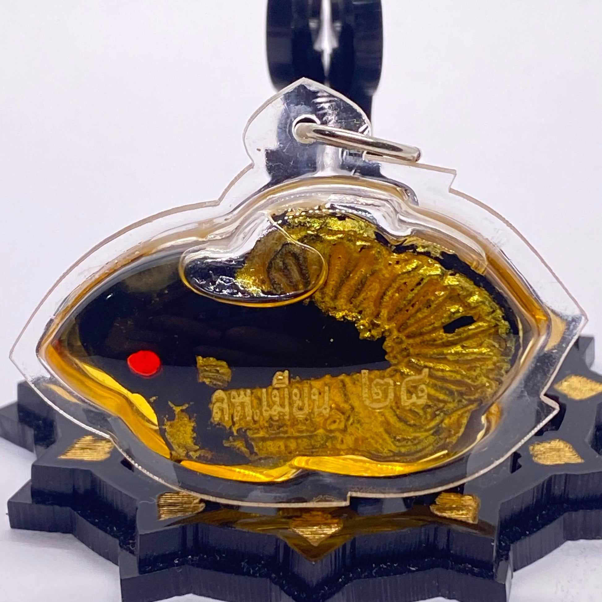 Thai fish amulet for protection and luck encased in clear plastic with a goldfish design
