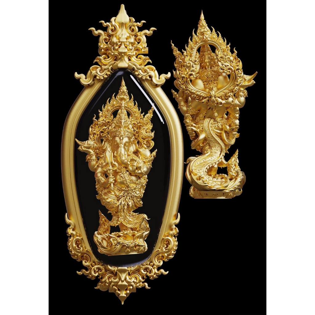 Golden Thai Ganesh amulet spiritual protection with intricate carvings for home decor and feng shui