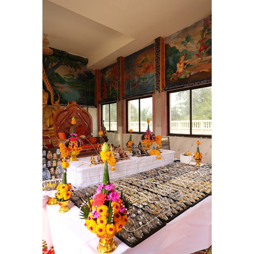 Sacred space for Thai Ganesh amulet spiritual protection adorned with offerings and vibrant decorations