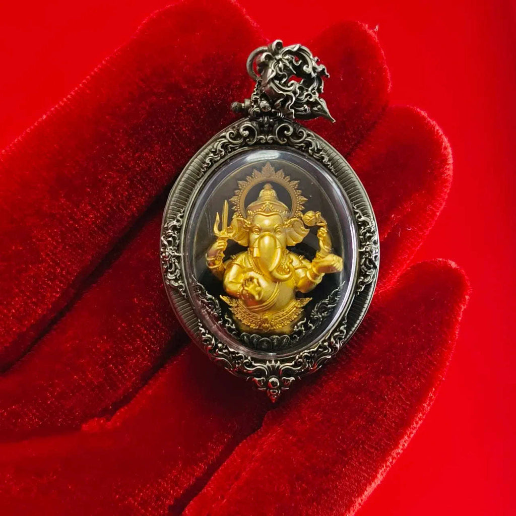 Thai Ganesh Pendant Amulet - White Satin Gold for Wisdom, Wealth, Success, and Prosperity