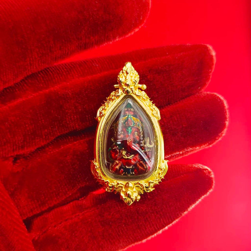 Elegant Thai Ganesha pendant for success in gold frame, detailed with vibrant colors and spiritual design
