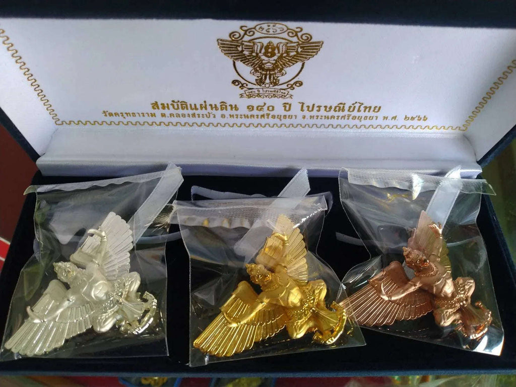 Thai Garuda Amulet Set - 140th Anniversary Collector’s Set (3 Pieces) in Silver, Gold & Rose Gold-Plated Alloy | Wat Kruttharam, Ayutthaya