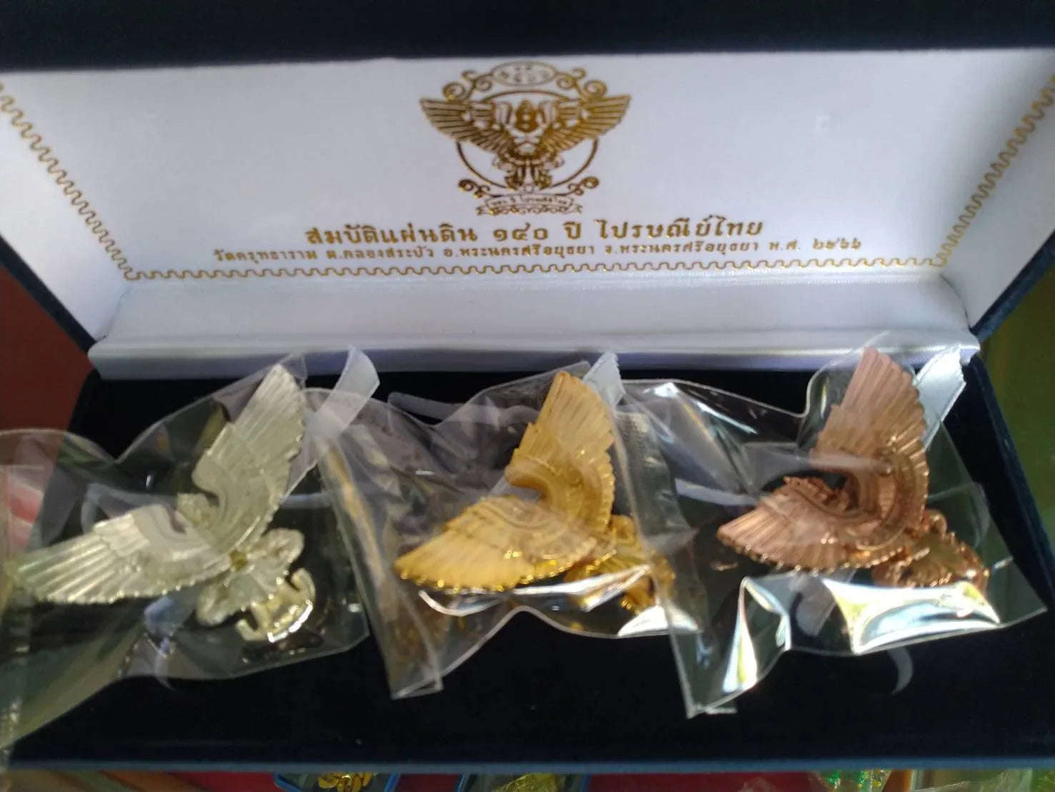 Thai Garuda Amulet Set - 140th Anniversary Collector’s Set (3 Pieces) in Silver, Gold & Rose Gold-Plated Alloy | Wat Kruttharam, Ayutthaya
