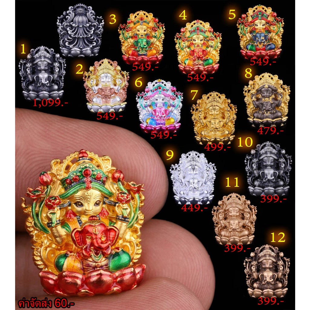 Colorful Thai goddess amulet for prosperity held in hand with intricate details and vibrant colors