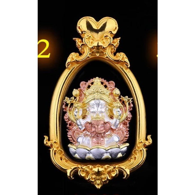 Thai goddess amulet for prosperity in ornate frame, showcasing intricate details and vibrant colors