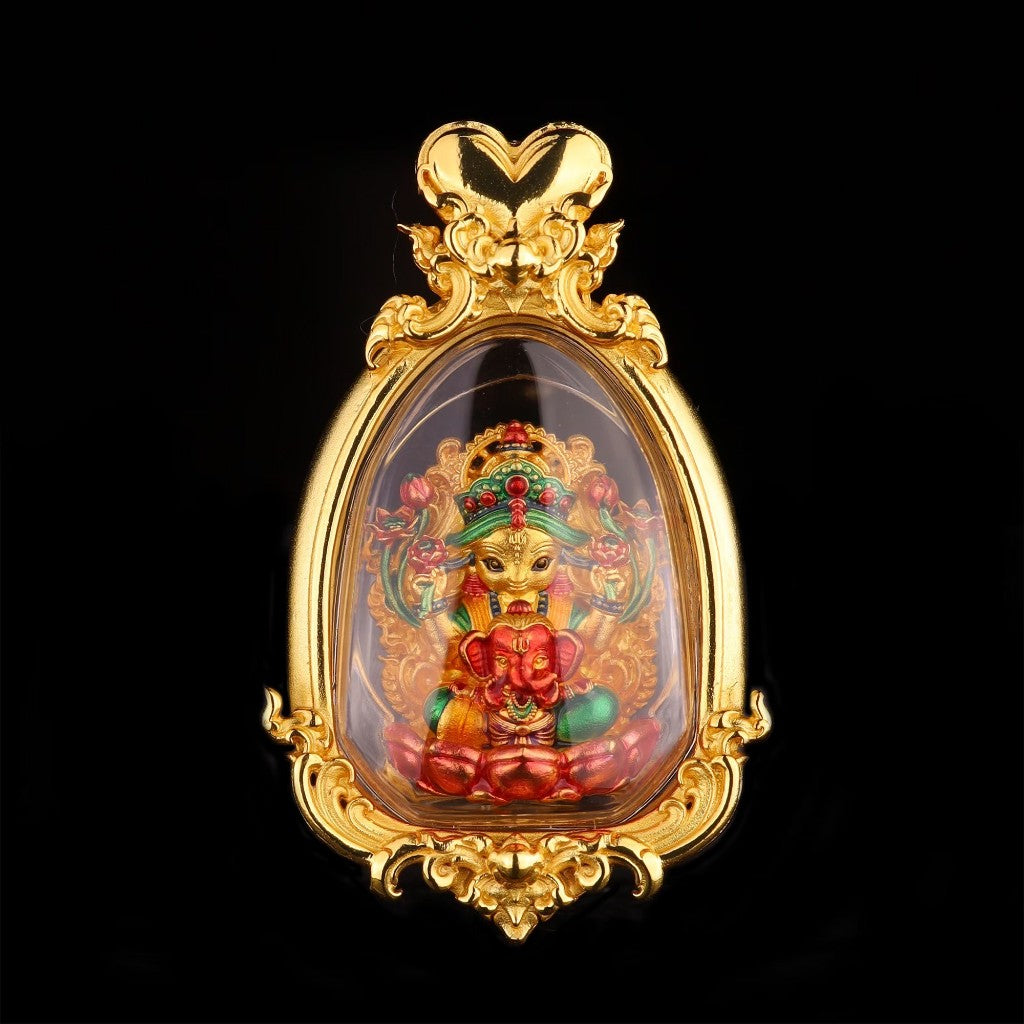 Thai goddess amulet for prosperity encased in ornate golden frame with vibrant colors